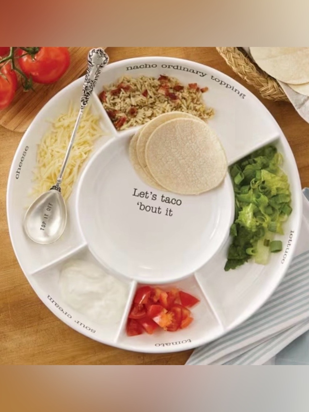 NWT white ceramic Mud Pie Taco Bar Serving Platter featuring segmented sections
